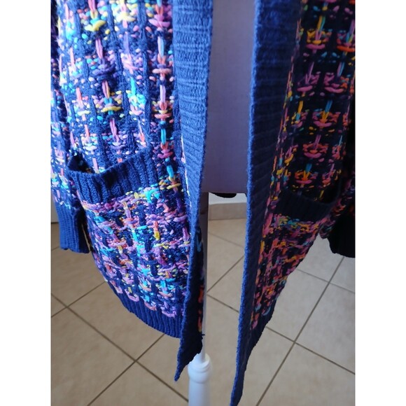 &merci Navy Multicolor Knit Cardigan Sweater Open Front Pockets Size S - Picture 8 of 16